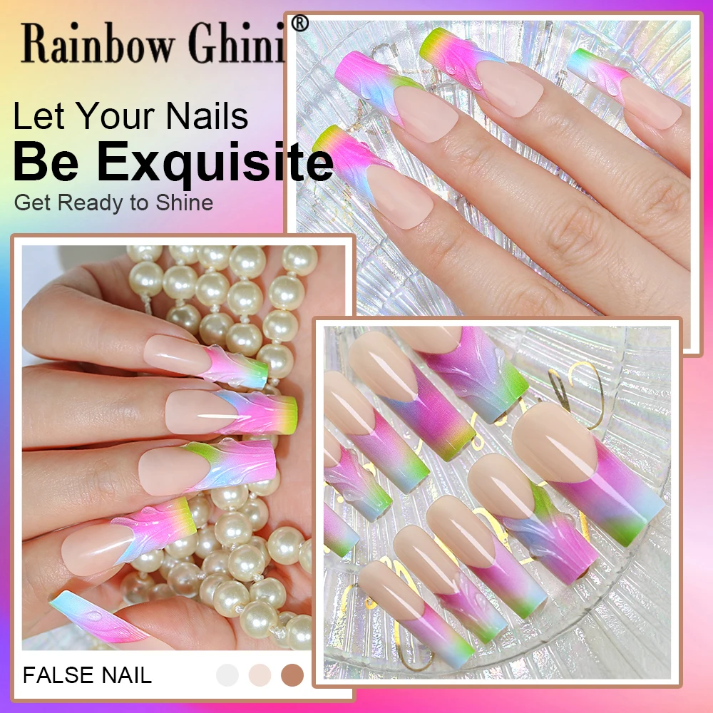 24 pièces/lot longs 3D colorés presse sur ongles alternatifs dégradé Kawaii Y2K ongles de plage adhésif réutilisable faux ongles faits à la main conseils