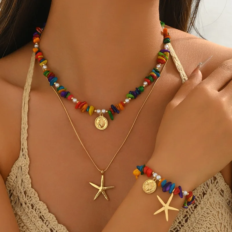 

Ocean style women's necklace niche double-layer inlaid with colorful crushed stone design bracelet versatile jewelry set