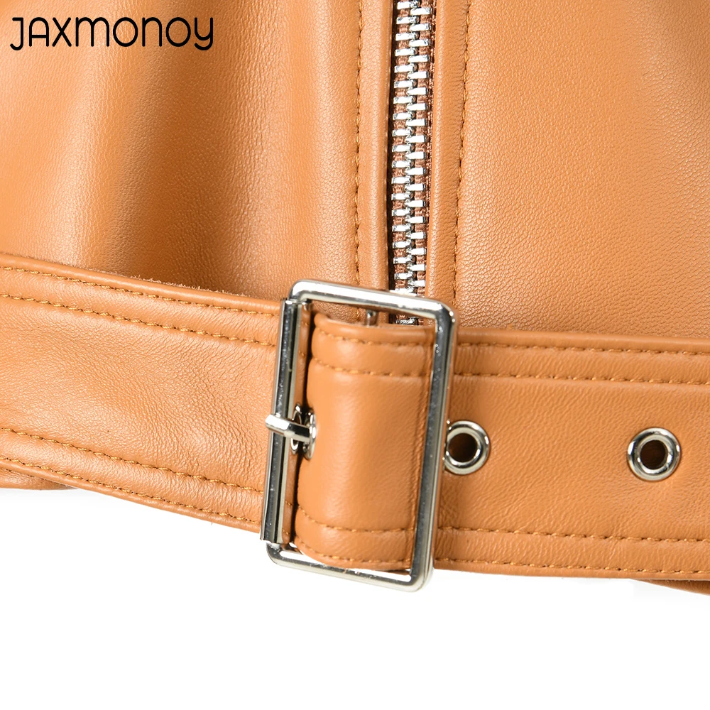 Jaxmonoy Women's Real Leather Jacket Spring Fashion Genuine Leather Moto Biker Zipper Jacket Ladies Sheepskin Coat With Belt