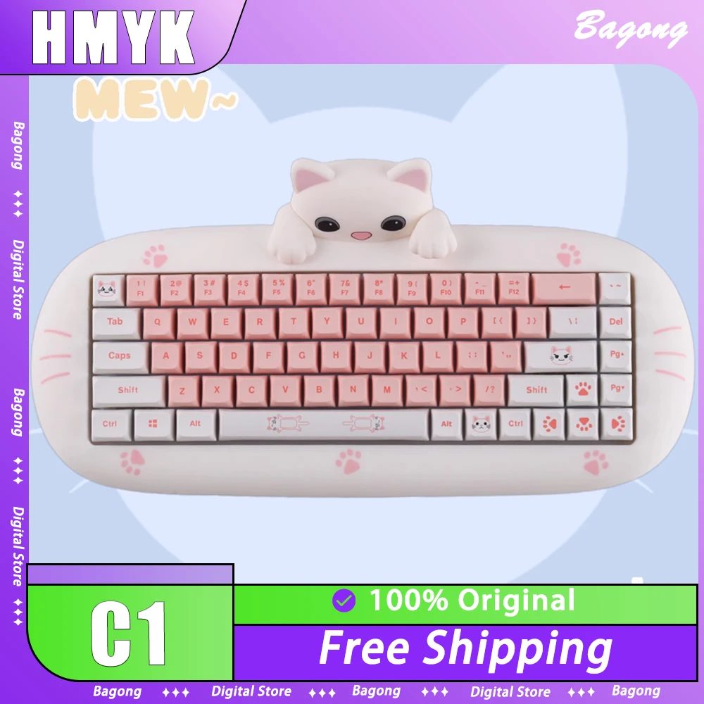 

Механическая клавиатура HNYK C1, игровая клавиатура с тремя режимами, RGB подсветкой, силиконовым корпусом, милым котом, популярная сменная, для ПК, геймеров, офисных девушек, подарок