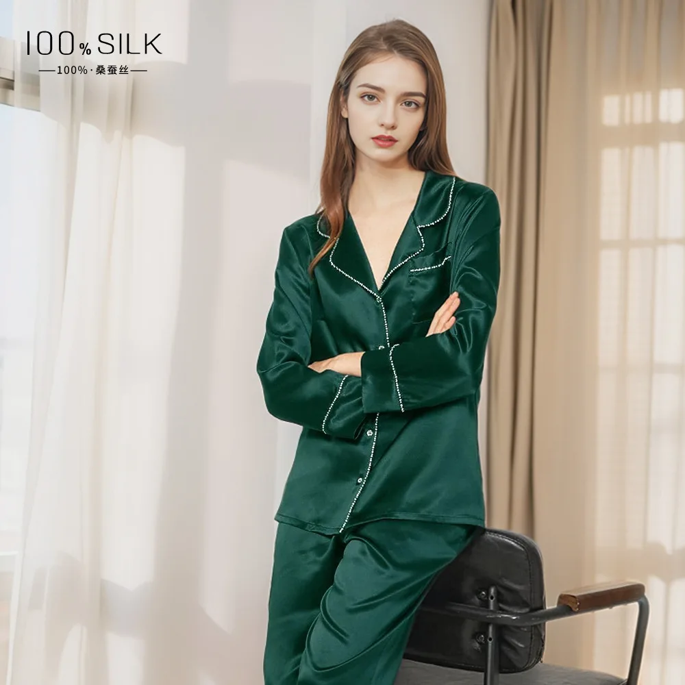 

Женский шелковый пижамный комплект Momme из 100% тутового шелка с длинными рукавами и брюками, отделка стразами и бриллиантами, домашняя одежда, домашняя одежда