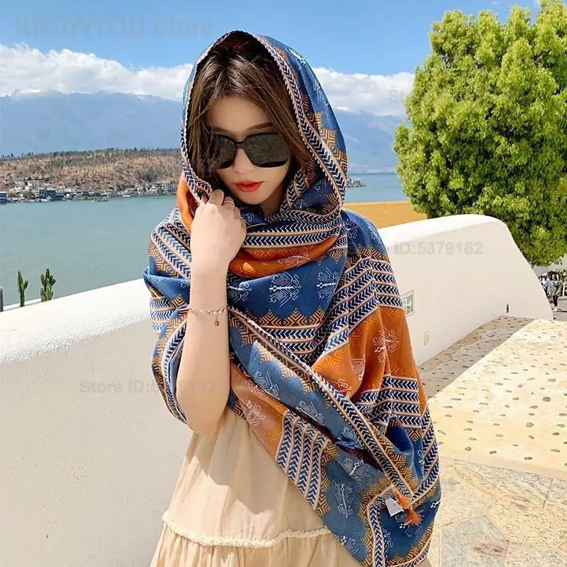 Women's Large Ethnic Scarf Dual-Purpose Shawl Summer Sun Protection Beach Scarf Oversized Gauze Scarf Desert Travel Outdoor