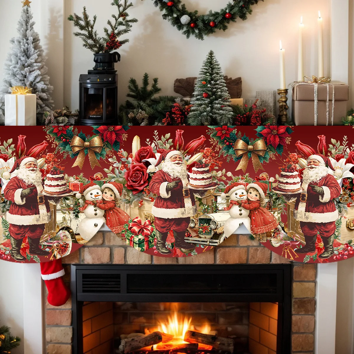 1 Piece Christmas Themed Fireplace Scarf with Santa Claus Bow, Snowman and Floral Pattern, Atmospheric Fireplace Decoration