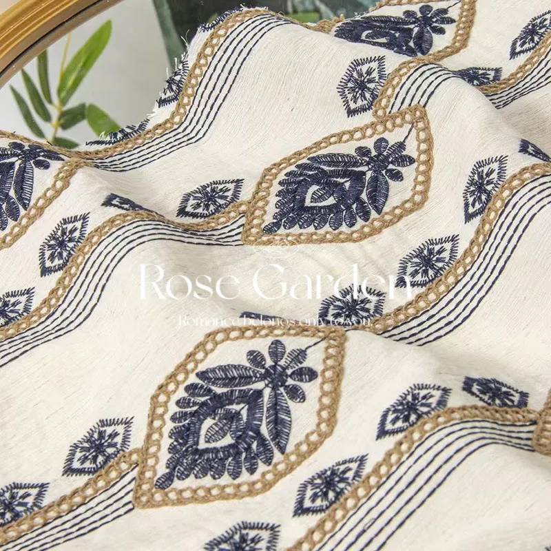 1meter Cotton Linen Embroidered Fabric Geometric Vintage Spring Summer New Versatile Tablecloth Curtain Bag Dress DIY Sewing