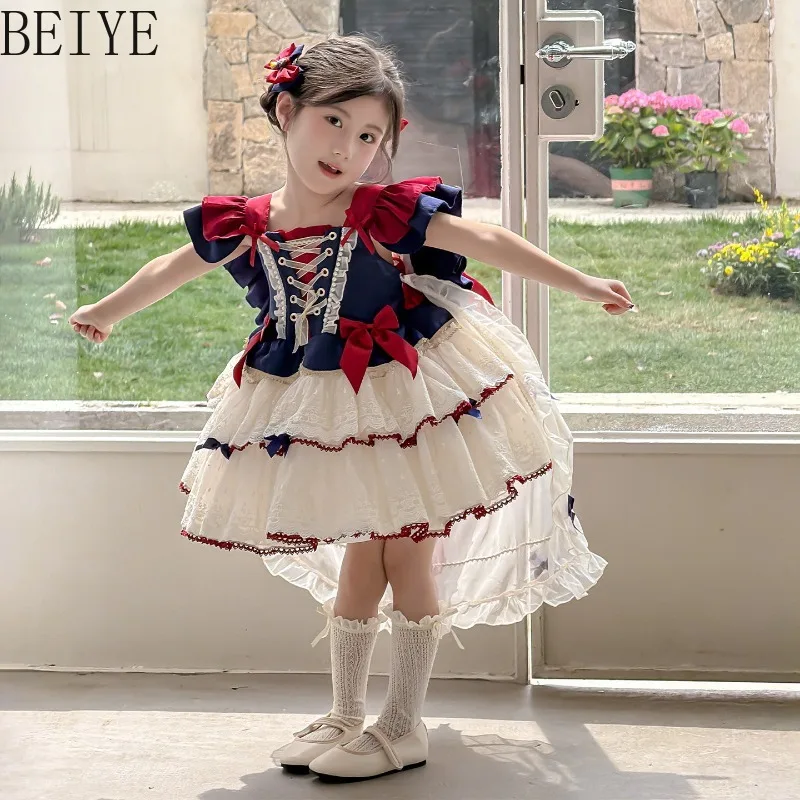 Toddler Girl Snow White Lolita Dress Ruffle Lace Tail Princess Gown Kids Halloween Cosplay Birthday Party Formal Dress with Bow