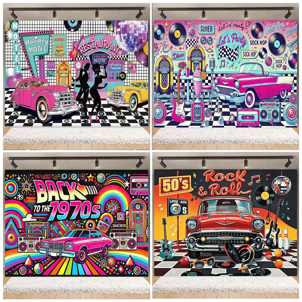 

Retro Rock Roll Diner Backdrop Supplies Neon Light Car Disco DanceBackground 1950s Rock&Roll Party Decoration Photo Shoot Prop
