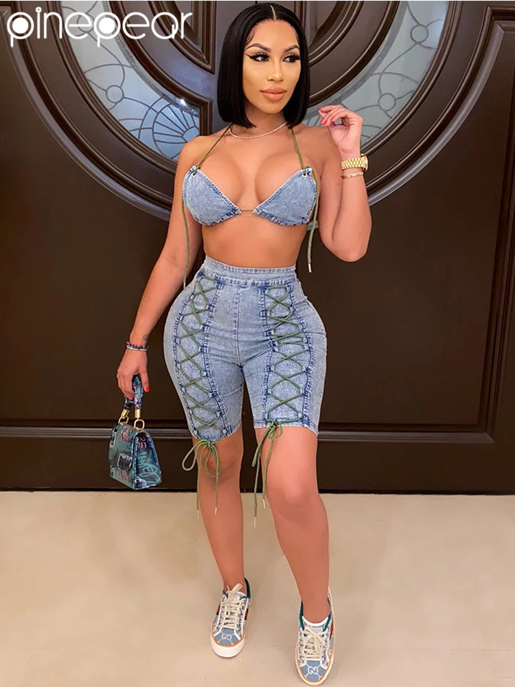 

PinePear Women Sexy Jeans 2 Piece Set Halter Backless Bra Top Zipper Back Cross Lace Up Shorts Fashion Summer Denim Suit Outfit