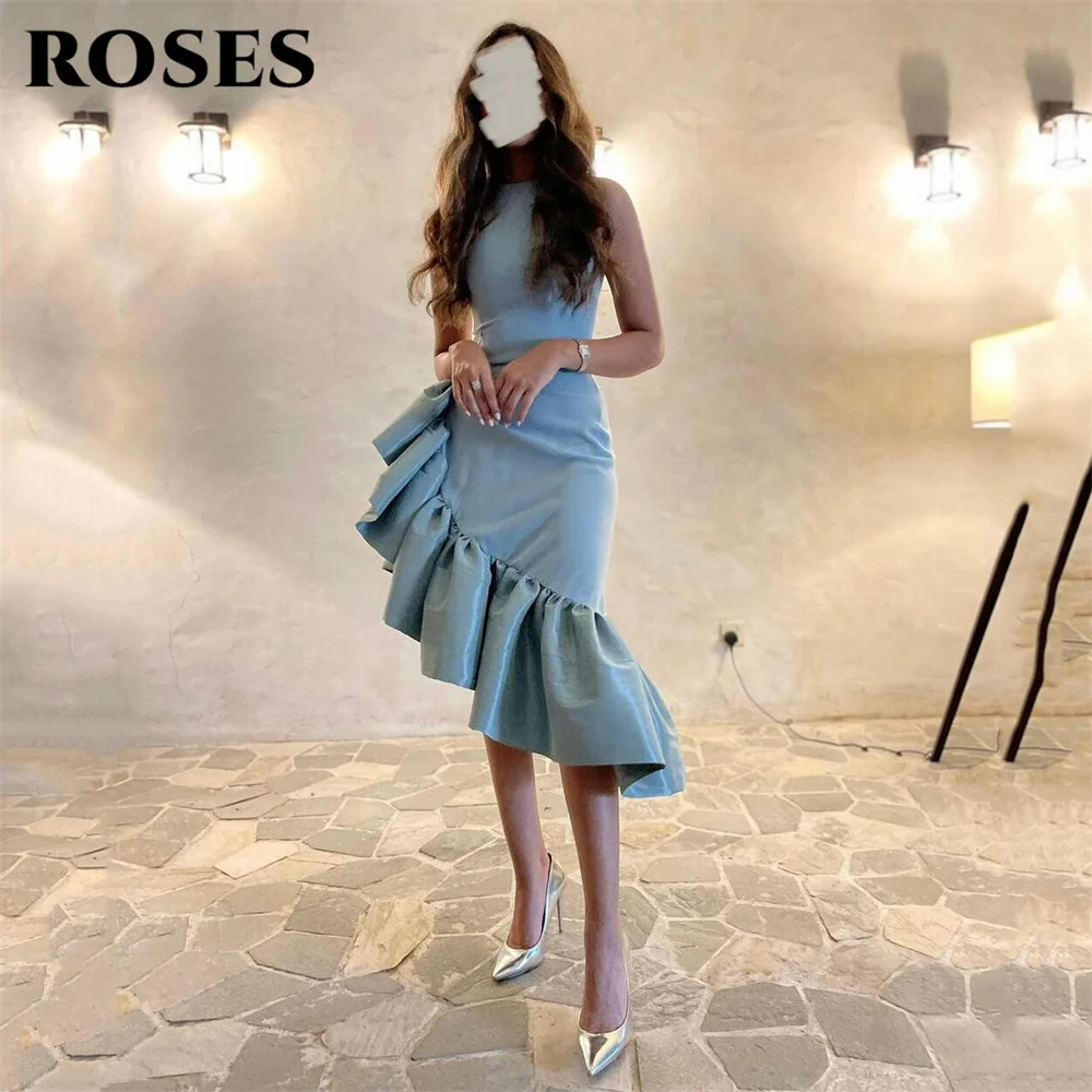 

ROSES Синее платье для выпускного вечера без рукавов Атласное платье с бретелькой на шее и асимметричными рюшами Вечернее платье в Саудовской Аравии по индивидуальному заказу