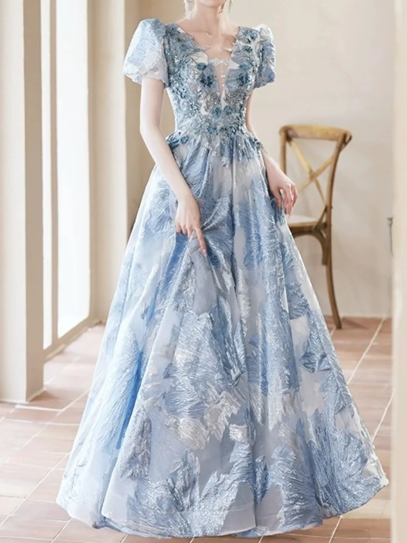 

Blue Princess Quinceanera Dresses Classic V-neck Ball Gown Dress With Short Sleeve Elegant Floor-length Puffy Robe De Bal