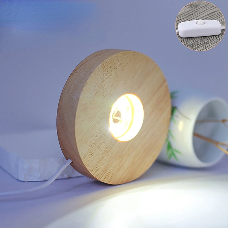 10cm Round Wooden Night Light Base Rechargeable LED Light Display Stand Lamp Holder Multi-color Lamp Base With Power Adapter 1PC