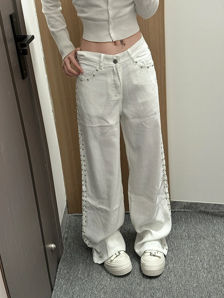 

Джинсы женские в американском стиле с заклепками, белые, летние, тонкие, универсальные, длинные, в пол, уникальный дизайн