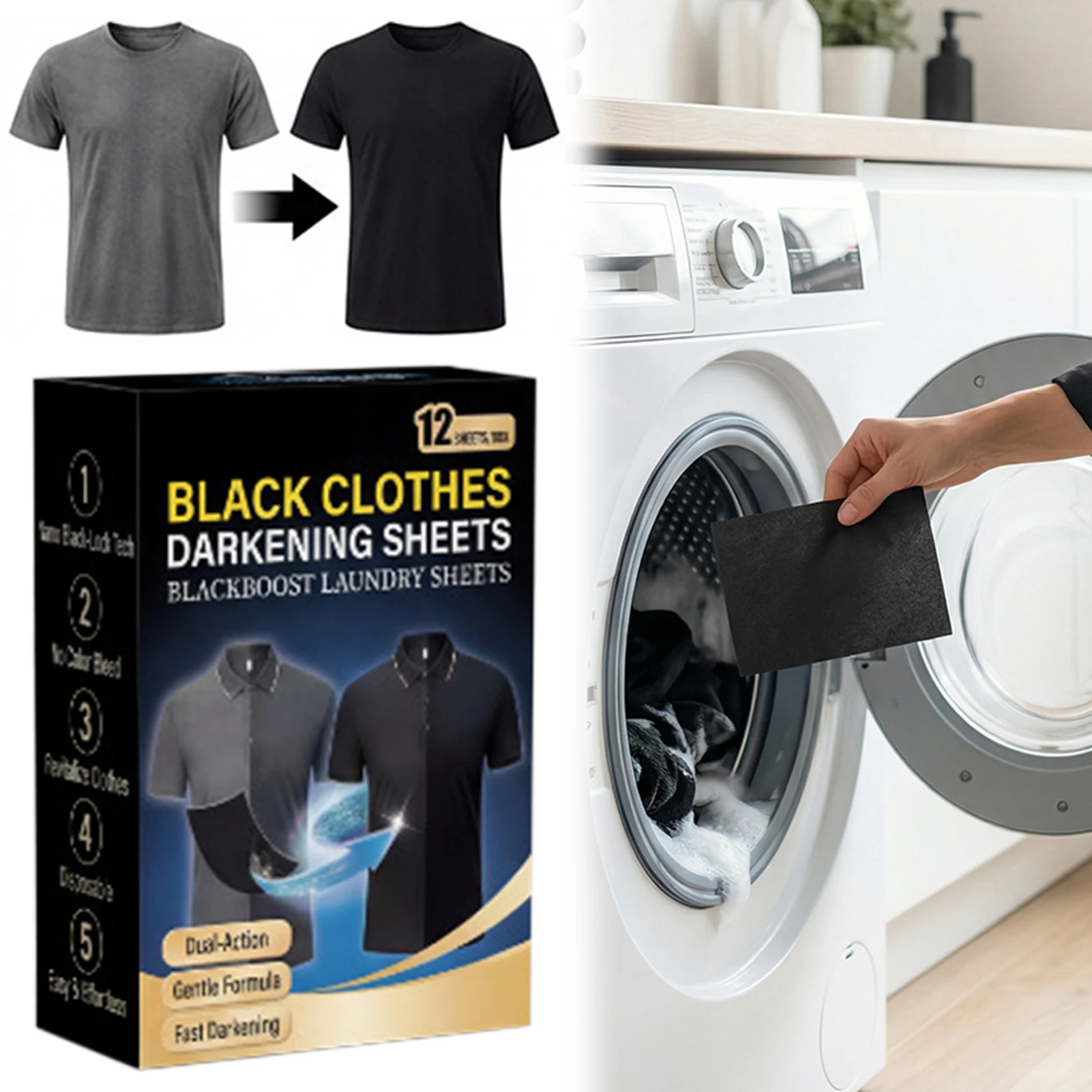 Black Clothing Color Restorer Sheet Works Effectively Cotton, Linen, And Blends. Professional-grade Fabric Care At Home.