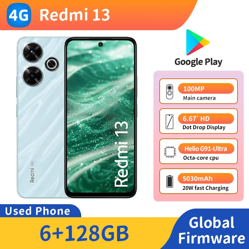 هاتف Redmi 13 4G 90 هرتز 6.79 بوصة 2400x1080px RAM 6GB ROM 128GB MTK Helio G91 Ultra 108MP 5030mAh مستعمل