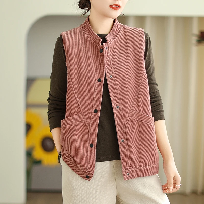 Printemps nouveau Sle femmes velours côtelé gilet décontracté ample Svel loisirs artistiques tout-match couleur Pure boutonné col montant