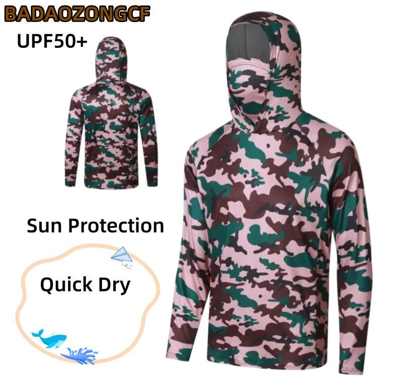 Men Camo Fishing Hoodie UPF50+ Sun Protection Long Sleeve Shirt With Face Mask Quick Dry Outdoor Rash Guard