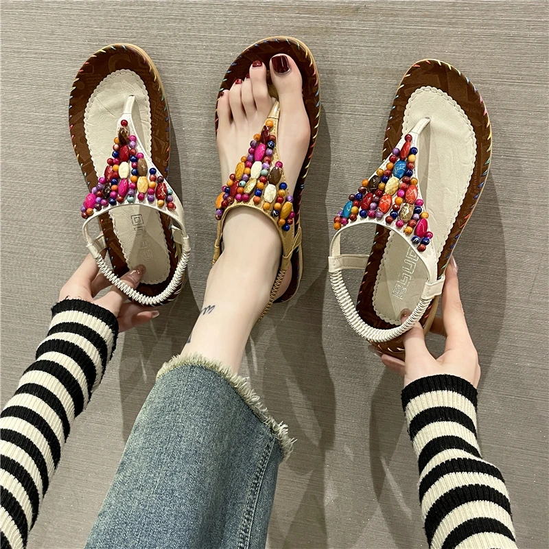 Large 43 Pinch Toe Sandals Women 2023Summer New Women's Shoes Flat Beaded Elastic Beach Casual Designer Shoes Sandalias De Mujer