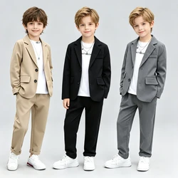 Boys Blazer Pants Set Casual Formal Suit Solid Color Gentleman Outfit for Kids Wedding Birthday Party Daily Performance Costume