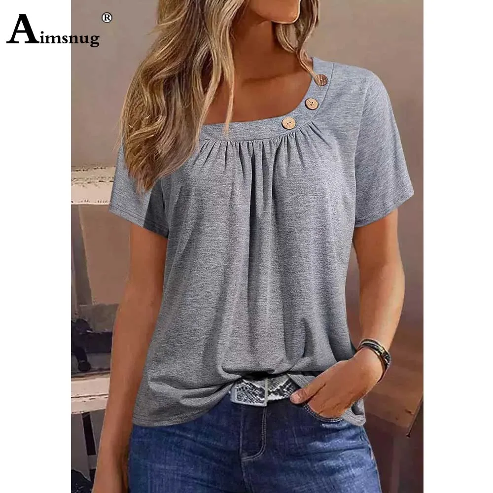 Aimsnug 2023 Women New summer Bohemian Tops Plus Size Female Short Sleeve Basic T-Shirt Gray Blue Casual Loose Ladies Tees Shirt