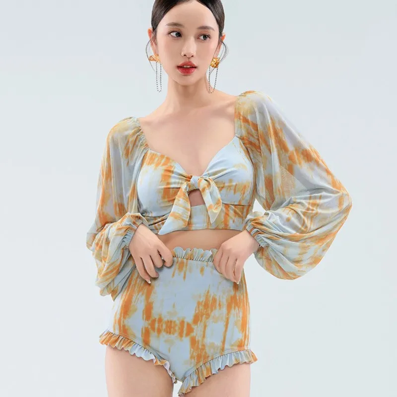 

New Long Sleeve Split Sexy Swimsuit for Women, Covering the Belly to Look Thinner, Tight Chest, High Waist, Bikini, Hot Spring