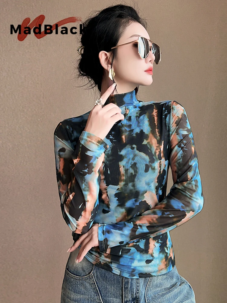 MadBlack-Women European T-Shirt, Sexy Mock Neck Geometry Print, Clubwear Long Sleeve Slim M-3XL Knit Tee, 2026 Autumn T69873CC
