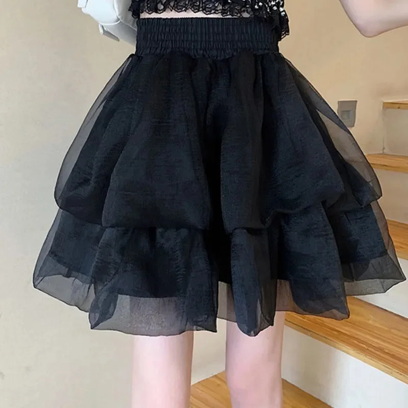 تنورة صغيرة لطيف مثير Balletcore مرونة عالية الخصر الكرة ثوب كشكش المرقعة لوليتا تنورة قصيرة الكورية الحلو Y2K النساء الملابس