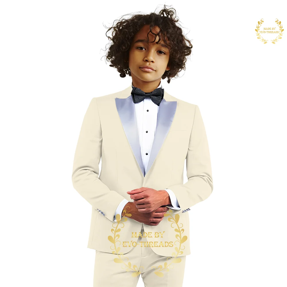 Ivory kids suit 2-piece (jacket+pants) silver satin peak lapel blazer for wedding performance ball birthday custom boy's tuxedo