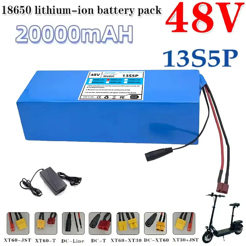 13S5P 48V 20Ah Lithium Battery with BMS and 54.6V 2A Charger, for Bicycle, Scooter, Mobility Tool 500W-1000W, Rechargeable 18650