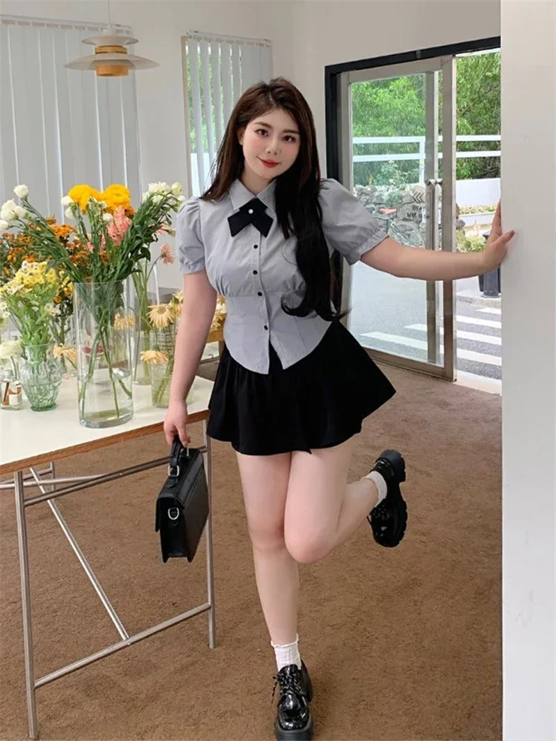 Women Plus Size 4XL JK Uniform Set Two-piece Daily Girls Short Puff Sleeve Shirts Summer Collect Waist Slim Blouse Black Skirt