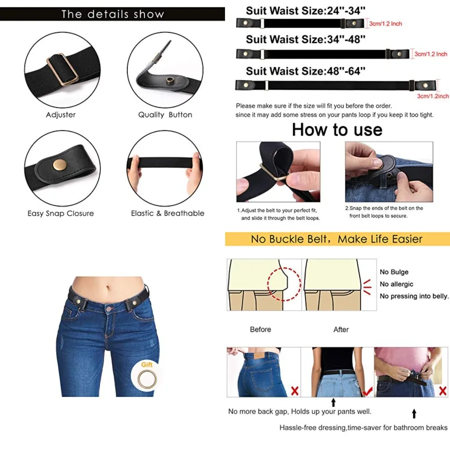 

No Buckle Elastic Stretch Belts for Men and Women, Comfortable Invisible Belts for Jeans Pants,Waist size 34''-48''