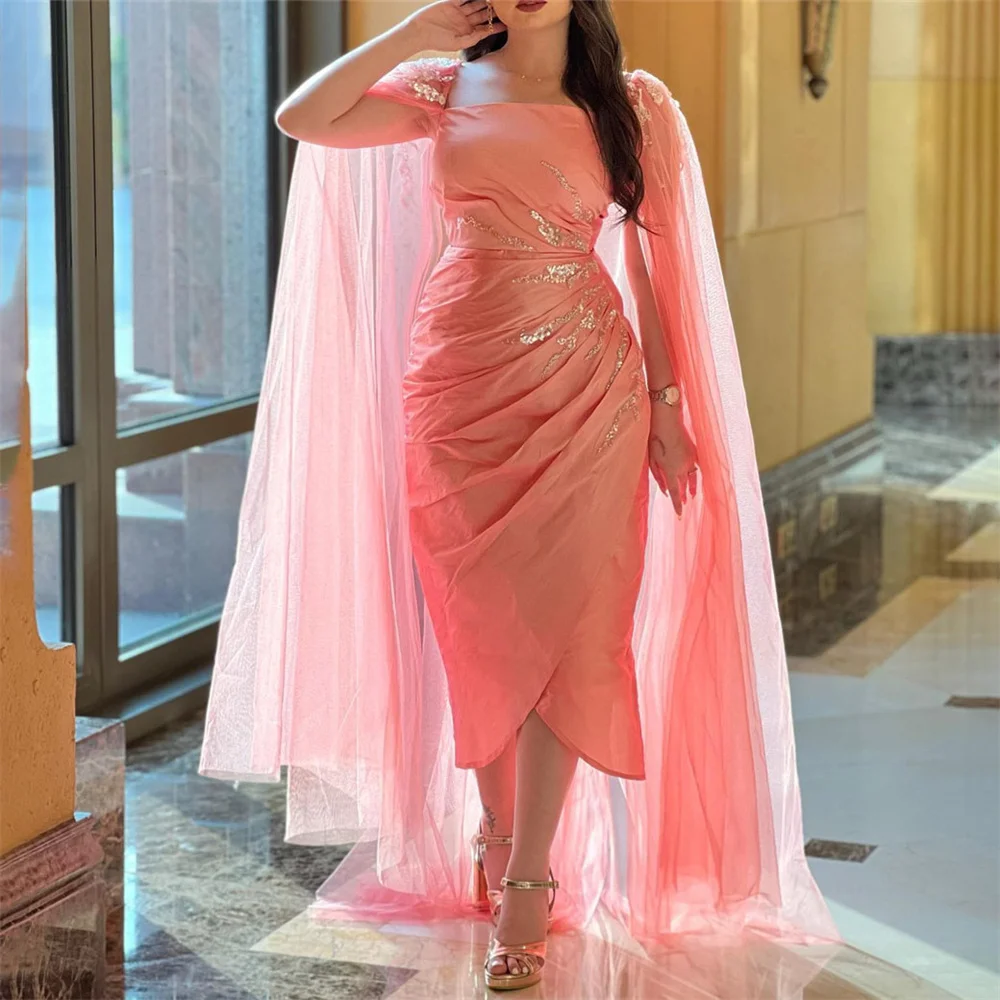 

ROYET Sequined Shiny Luxury Strapless Short Sleeve Evening Dress Tea Length Sweep Train Formal Prom Gown For Woman Customized