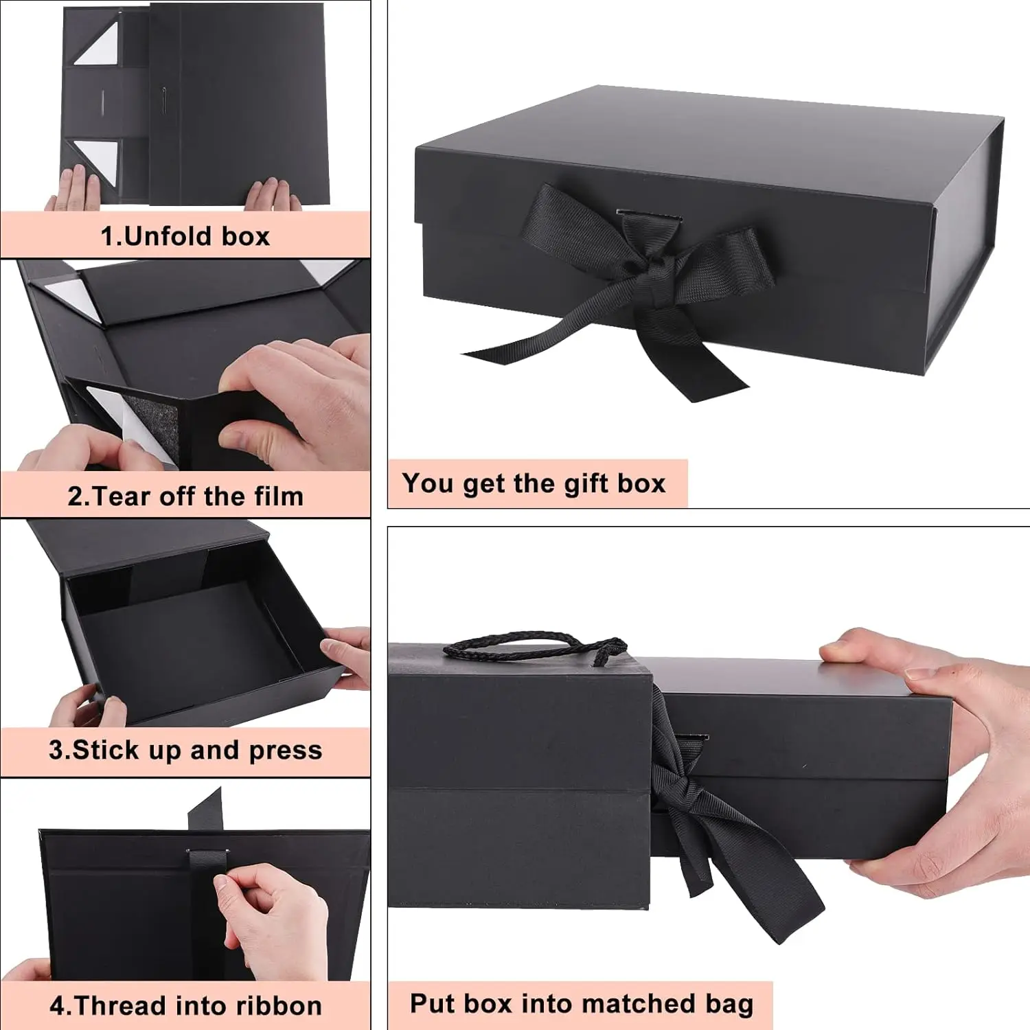 4 in1 Gift Box Set, Magnetic Foldable Box(26x17x11CM)+Bag(25x30x13.5CM)+20g Raffia Paper Shreds+ Greeting Cards(9x13CM)