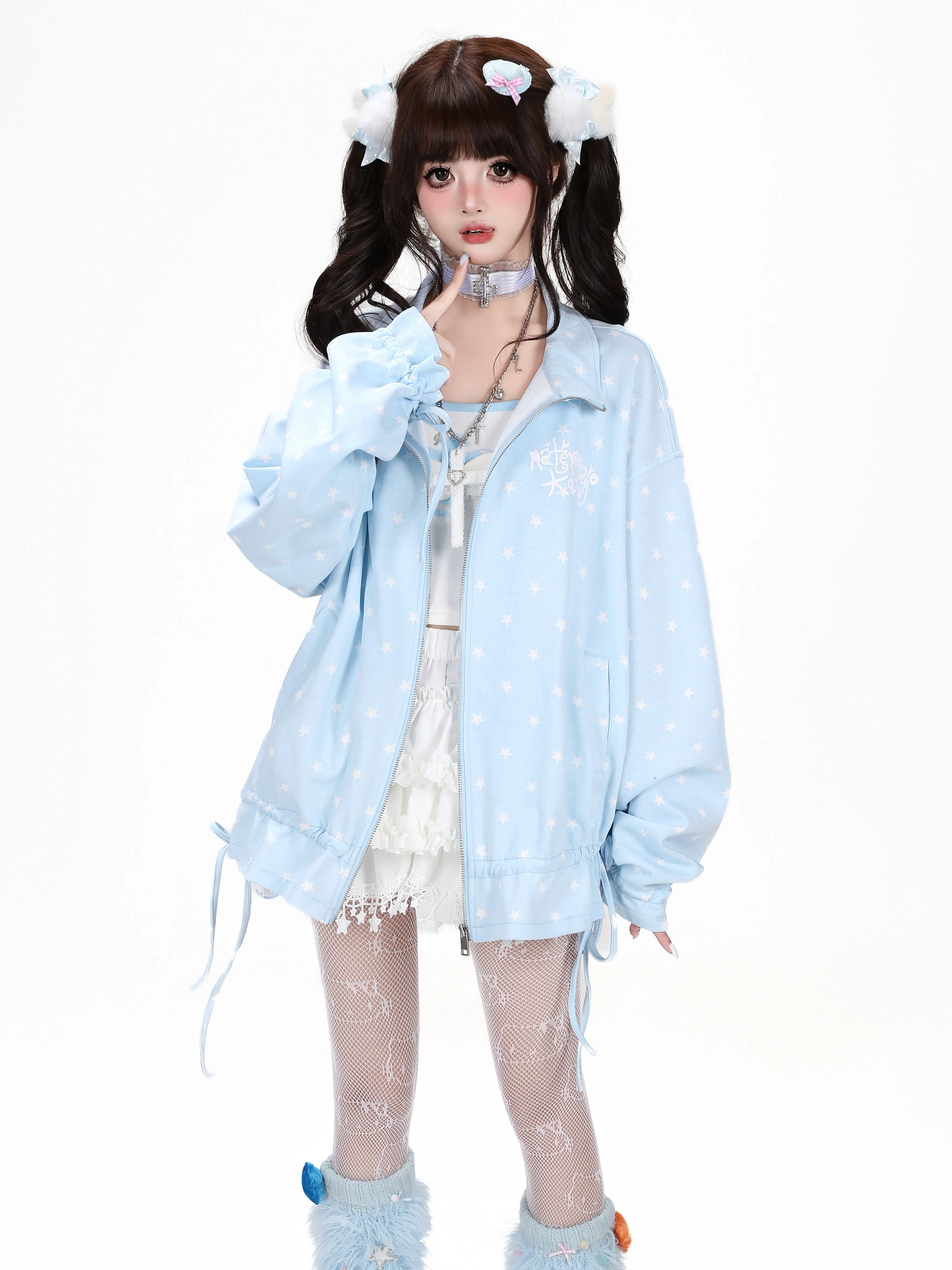 Y2K Kawaii Baby Blue Star Print Zip Up Jacket Women Oversized Stand Collar Drawstring Hem Casual Sweatshirt Coat