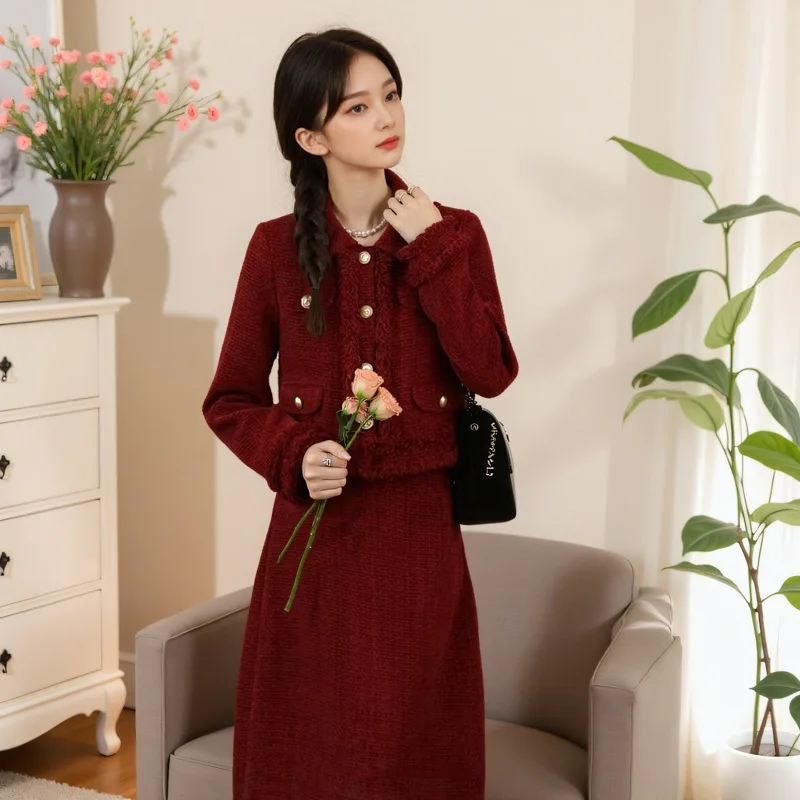 Loose plus size coarse tweed 2-pcs set, wine red cotton jacket+high waisted skirt, autumn/winter small fragrance style set