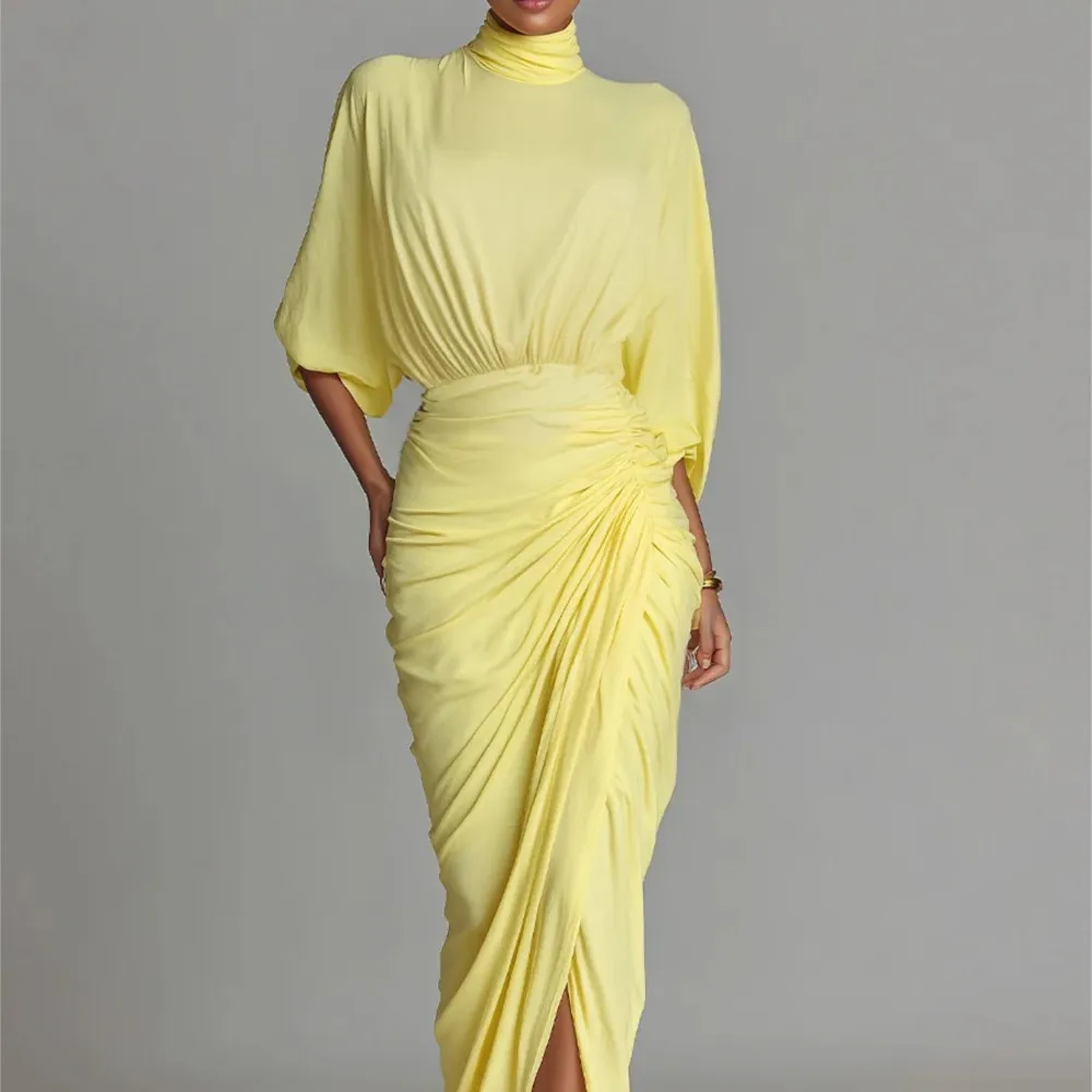 

Fashionable Elegant Long Dress Solid Color Pleated High Waist Irregular Splicing Three-quarter Sleeves High Collar Evening Dress