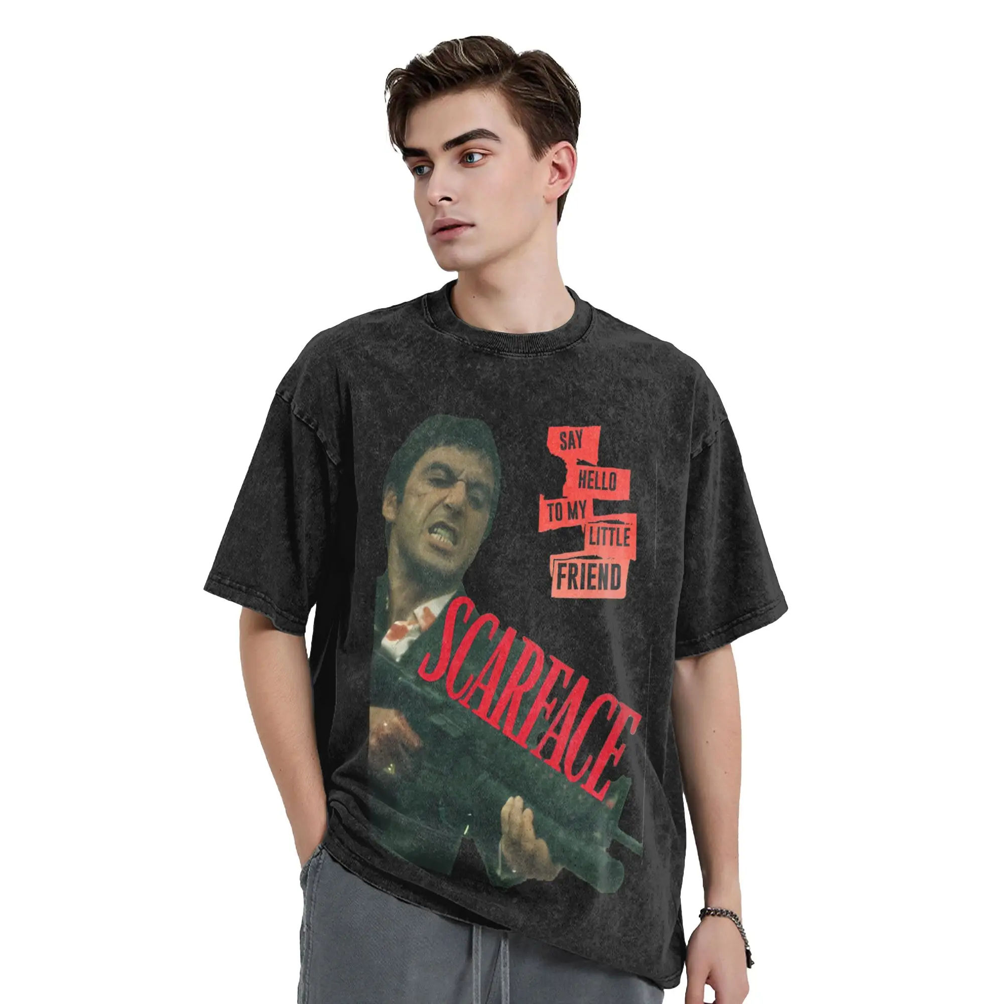 Scarface Say Hello To My Little Friend Poster Washed T Shirts Streetwear Hip Hop T-Shirt Tony Montana Tee Shirt Harajuku Summer