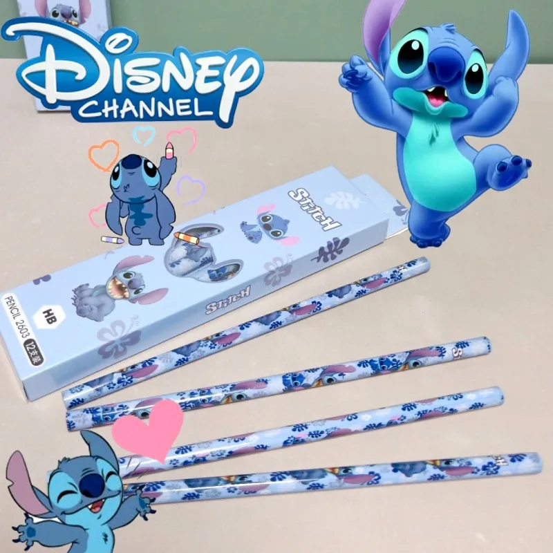 Disney-Juego de lápices de madera para niños, serie Lilo & Stitch, bolígrafos de papelería, útiles escolares, lindos sacapuntas, regalos, 12 piezas