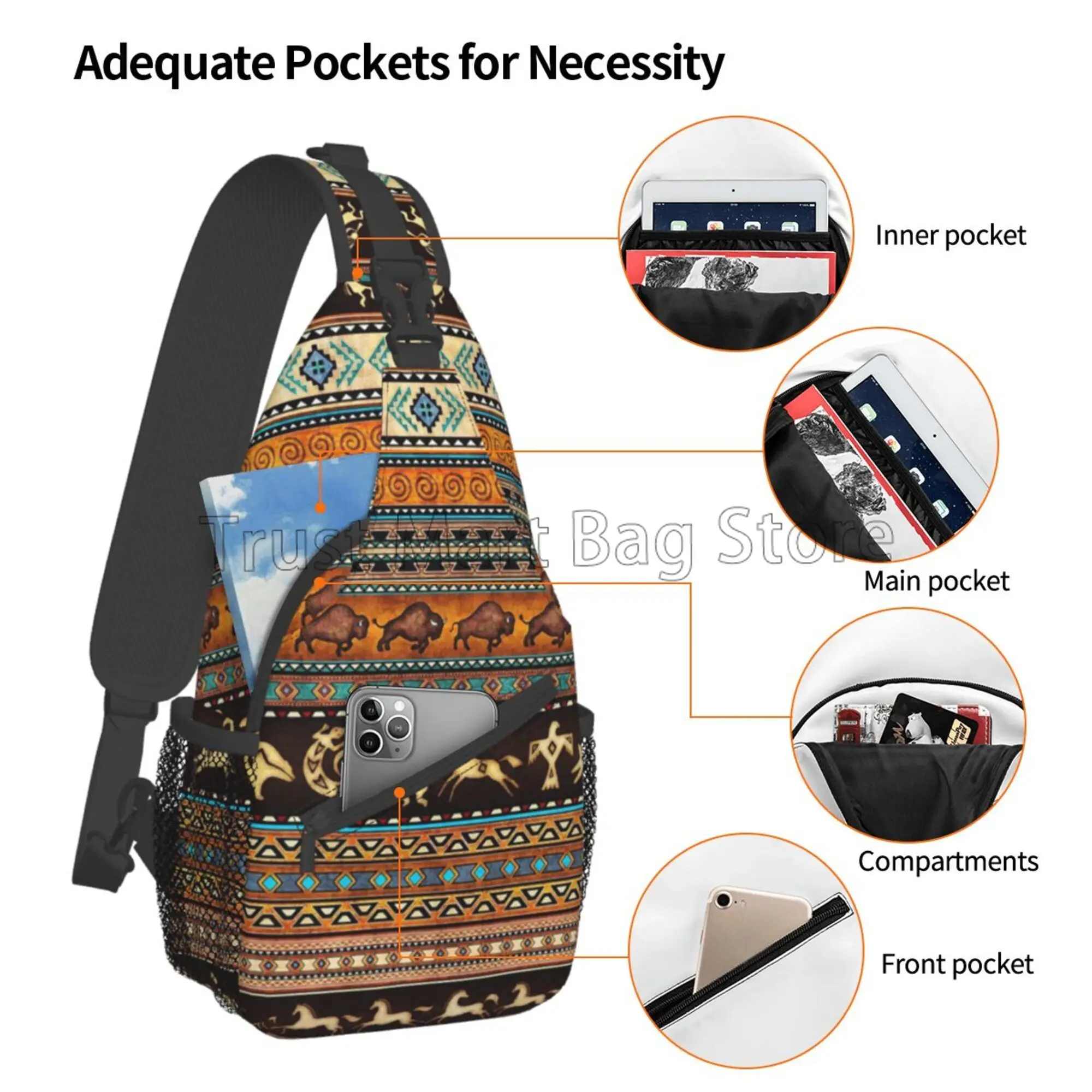 Vintage Boho Ethnic Pattern Sling Bag Crossbody Backpack Women Men Travel Chest Shoulder Bags for Leisure Sports Running Hiking