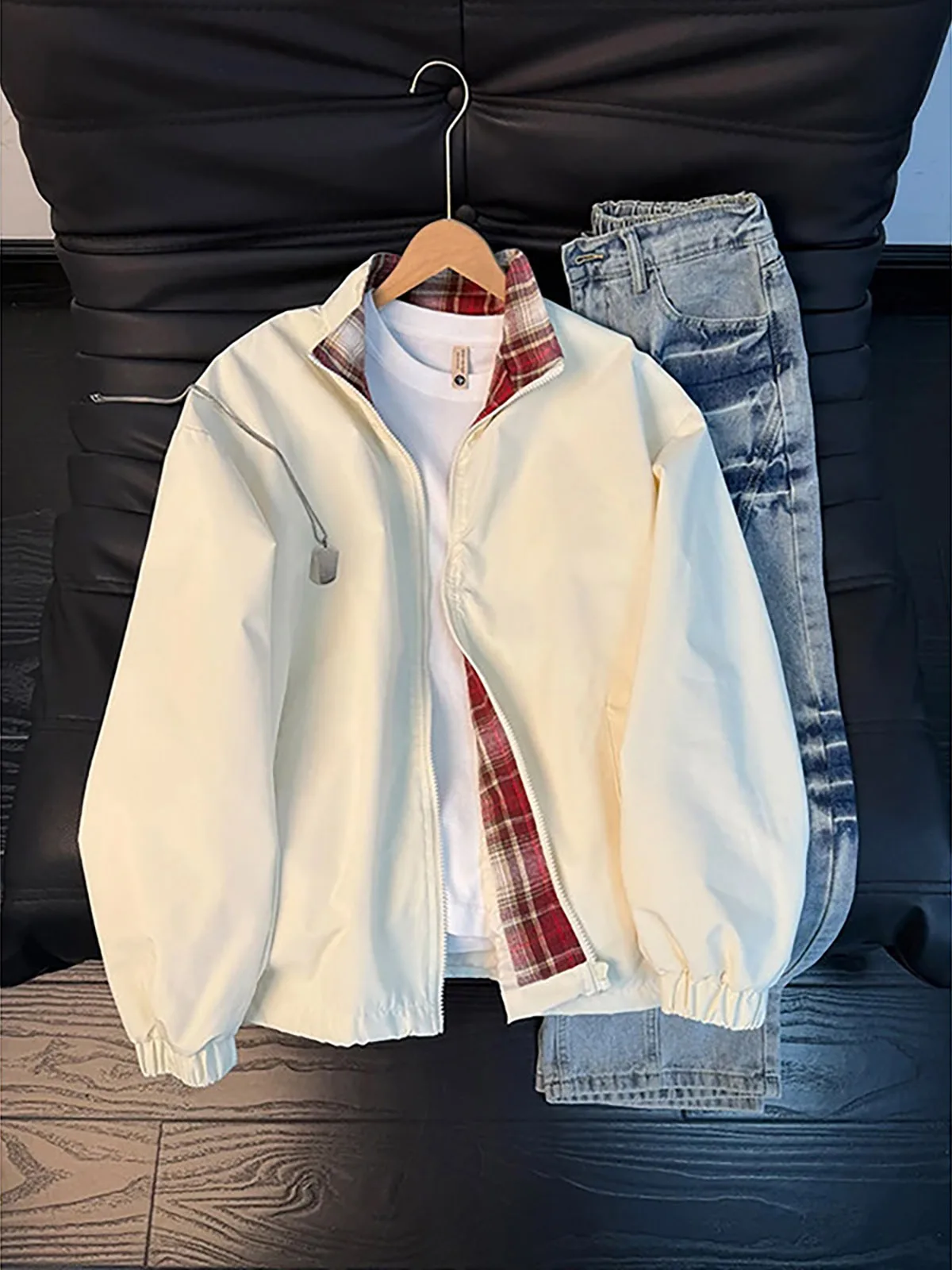 American Style Plaid Splicing Baseball Jacket Men's Autumn Turn-down Collar Cleanfit Workwear Outerwear Premium Feeling