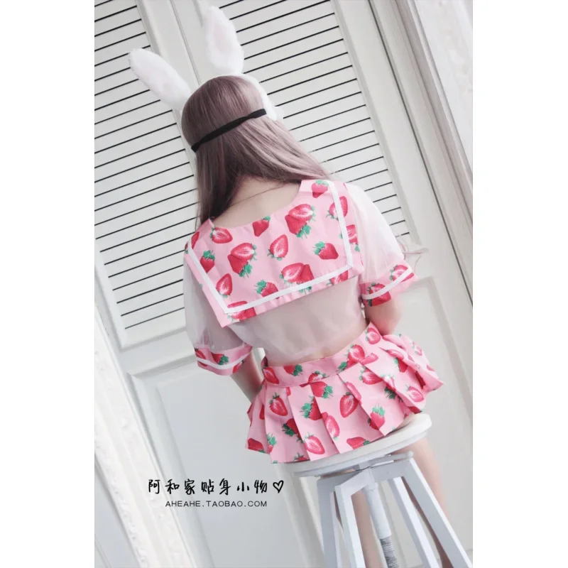 Anime Cute Sailor Dress Lolita Strawberry Printed Cosplay Costume School Girl Uniform Sexy Kawaii Lingerie Set Exotic Apparel