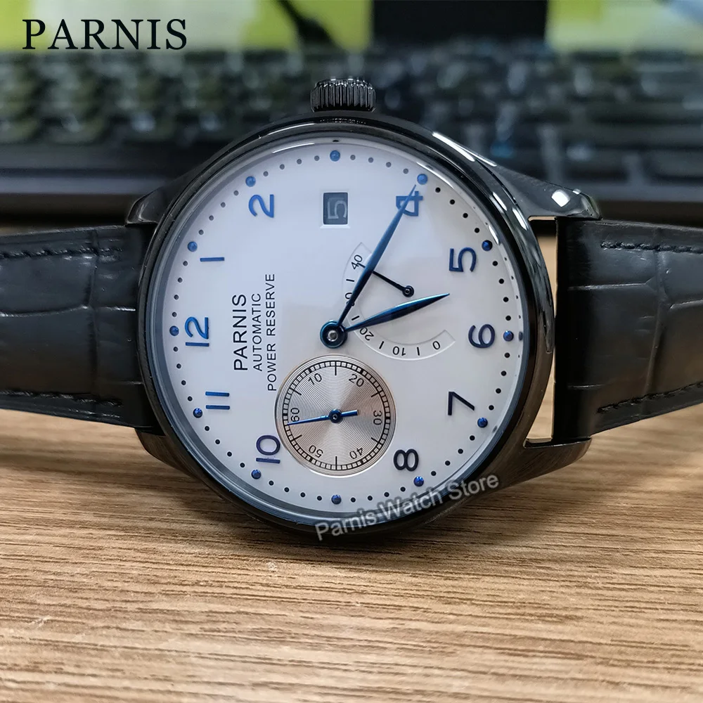 43mm Parnis Power Reserve Automatic Movement  PVD Black Case White Dial Men's Mechanical Watch Small Second