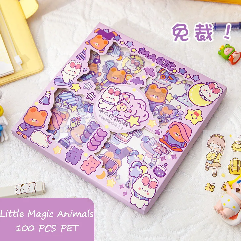 100Pcs Kawaii Stickers Cute Cartoon Handbook Stickers 8 * 8cm PET Waterproof Box Sticker Decorative Scrapbook DIY Stationery