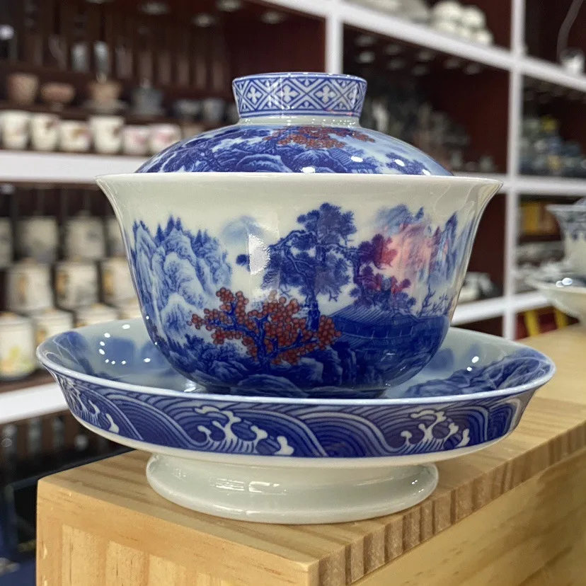 

Large Capacity Porcelain Gaiwan Jingdezhen Red Landscape Tea Watchband Pot Tray Antique Set Ceremony Bowl Wholesale