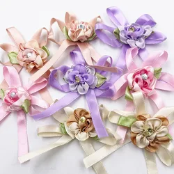 10Pcs satin ribbon flowers bow w/leaf stone wedding sewing appliques DIY B122