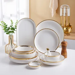 Gold Stroked Ceramic Plate Sets Modern Western Restaurant Steak Dish Creative Round Tabletop Fruit Salad Plates Kitchen Cutlery