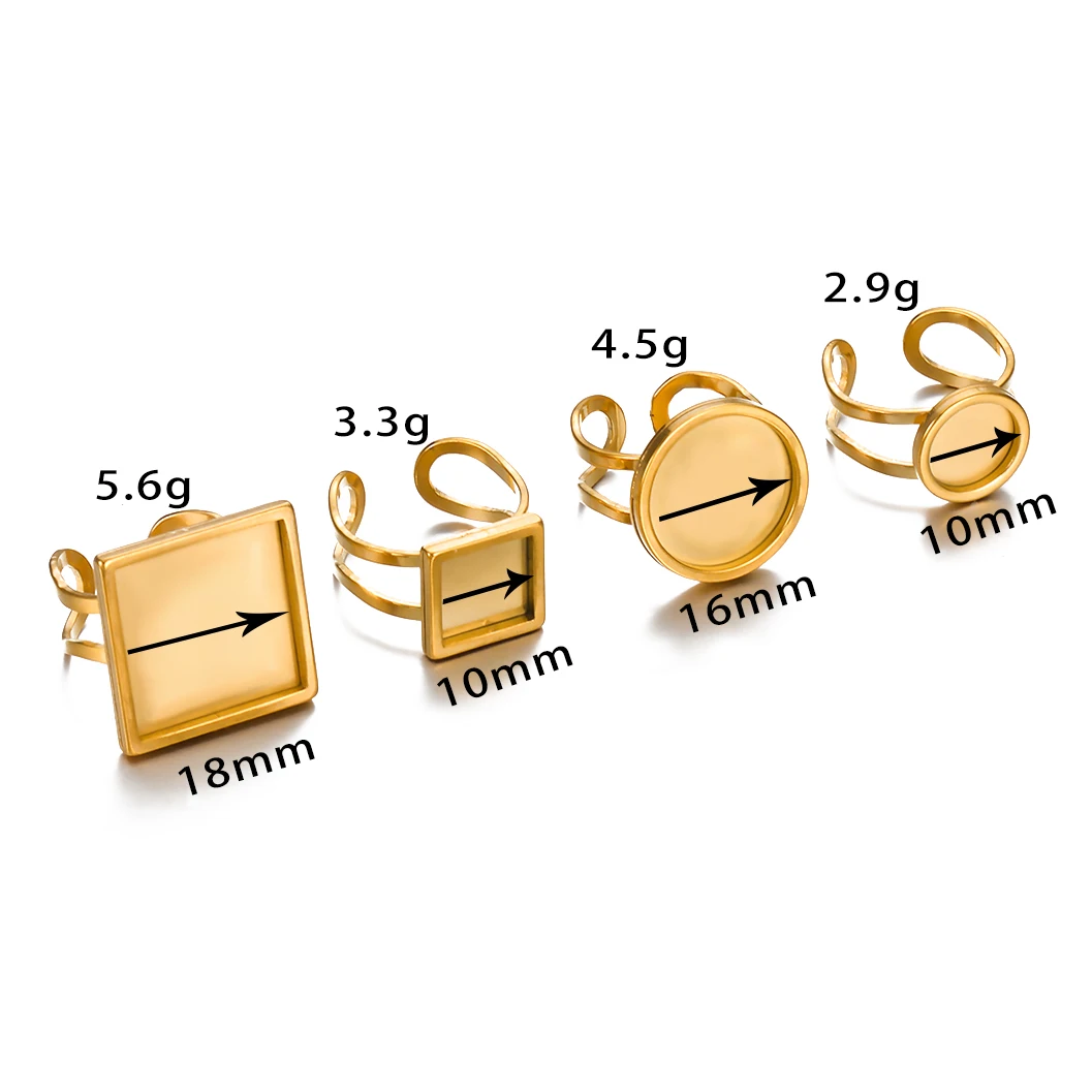 4 Stück Edelstahl-Ringe, verstellbar, runde und quadratische Fassungen, leere Basis, Glas-Cabochon-Rahmen, Schmuckherstellung, passend für 10 mm bis 25 mm. – Detail 1