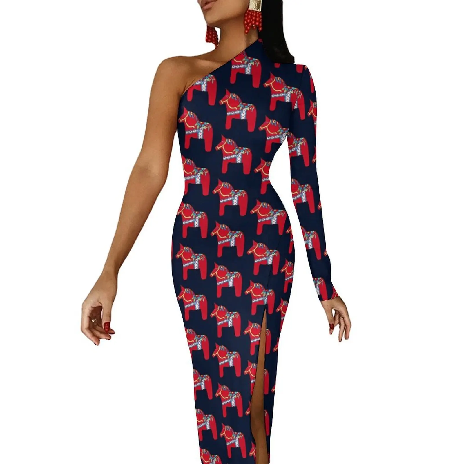 Dala Horse Maxi Dress One Shoulder Cute Animal Print Street Wear Bodycon Dresses Spring Retro Dress Women Printed Vestido