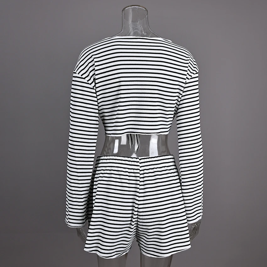 Linad Zomer Casual Streep Wikkelblouse Met Elastische Taille Shorts 2-delige Sets Street Chic V-hals Tops 2025 Crop Top Outfits