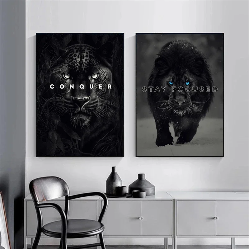 Black Panther Lion Motivational Posters Print Conquer Focus Qoutes Animal Canvas Painting Wall Art for Living Room Decor Picture