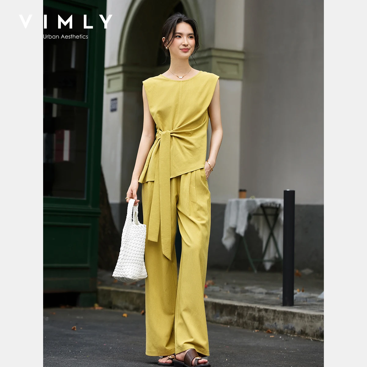 

VIMLY Yellow Pant Sets Woman 2 Piece Frenchl Round Neck Lace-Up Sleeveless Top Wide-leg Straight Trousers Two-piece Set A2370