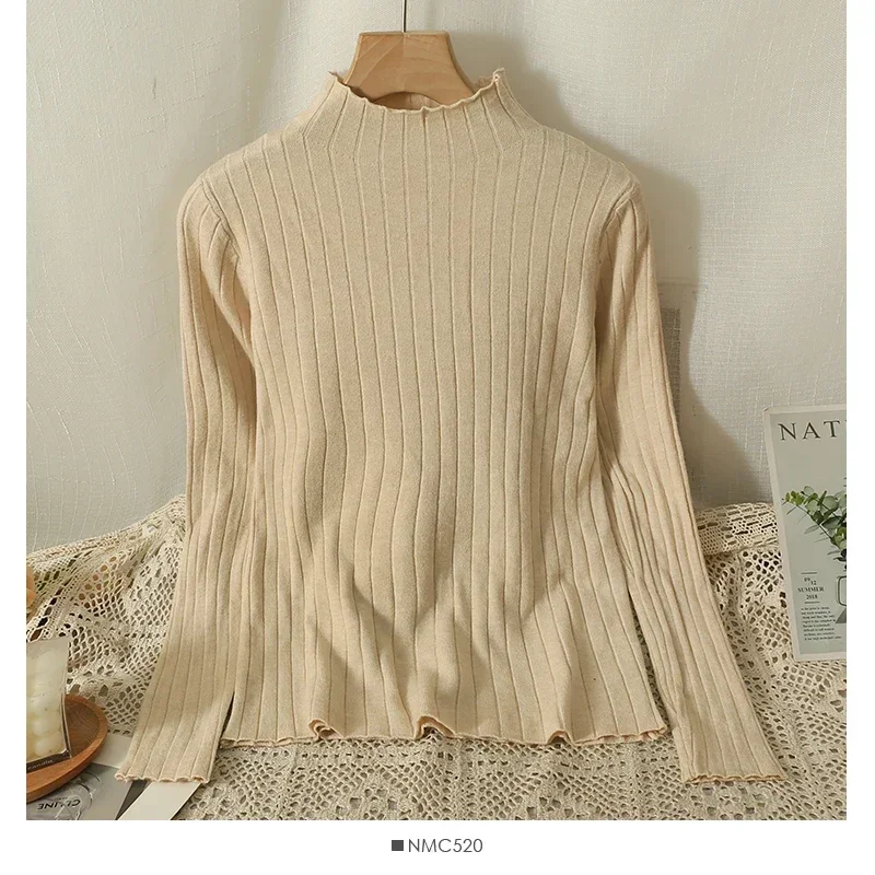 2026 جديد الخريف الشتاء نصف الياقة العالية كم طويل مضلع بلوفر مغزول عادية بلون لينة البلوزات القمم الأساسية